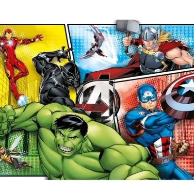 Ilustração colorida de super-heróis Marvel em ação