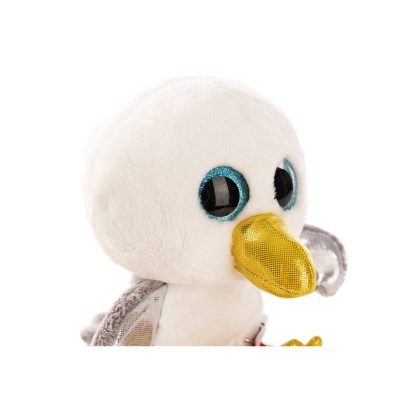 Pelúcia de pássaro branca com bico dourado e olhos grandes azuis