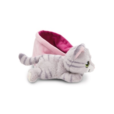 Pantufas de gato cinzento com riscas e interior rosa