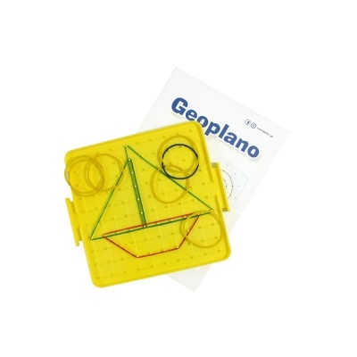 Conjunto Geoplano tabuleiro amarelo com elásticos coloridos e manual branco