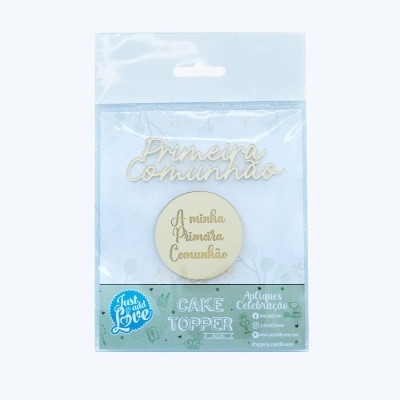 Cake topper acrílico para Primeira Comunhão em embalagem transparente