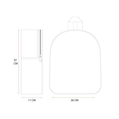 Desenho técnico de mochila com dimensões em centímetros.