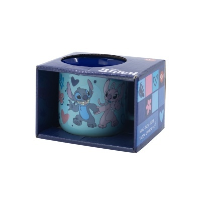 Caneca azul claro com Stitch e Angel em caixa azul escura