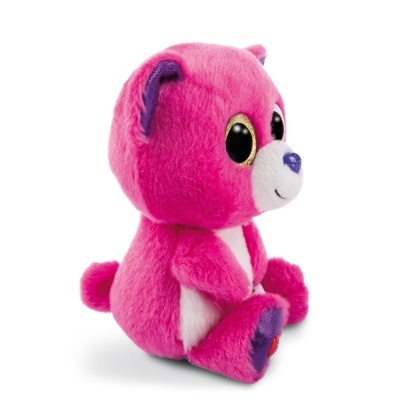 Ursinho de peluche cor-de-rosa com barriga branca e olhos grandes pretos