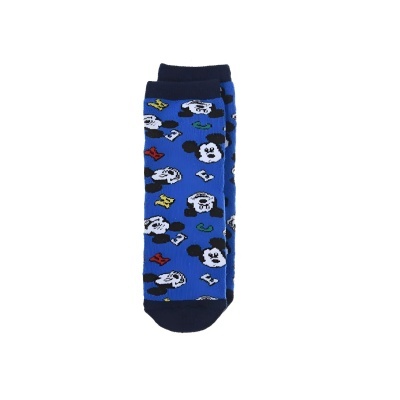 Meias azuis para crianças com rostos de personagens e letras coloridas