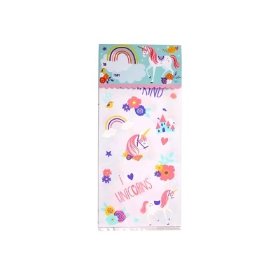 Adesivos coloridos de unicórnios e arco-íris em embalagem azul claro