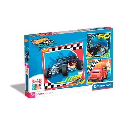 Caixa de puzzle Hot Wheels Lets Race com carros coloridos e indicação 3x48 peças