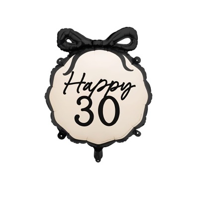 Balão decorativo redondo bege com laço preto e texto 'Happy 30'