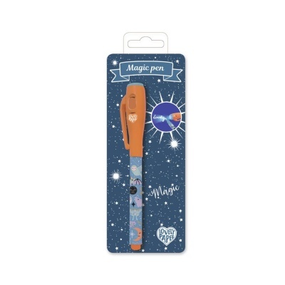 Caneta mágica azul com tampa laranja e decoração de estrelas, luas e gatos em embalagem azul