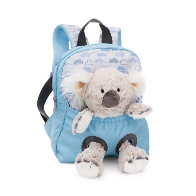 Mochila infantil azul com urso de peluche cinzento