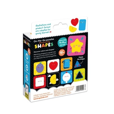 Embalagem de puzzle infantil com várias formas coloridas ilustradas.