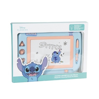 Tabuleiro de desenho magnético azul e rosa com personagem Stitch na caixa