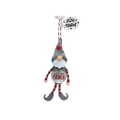 Duende Natal decorativo de tecido cinzento e vermelho com texto Feliz Natal CARLA