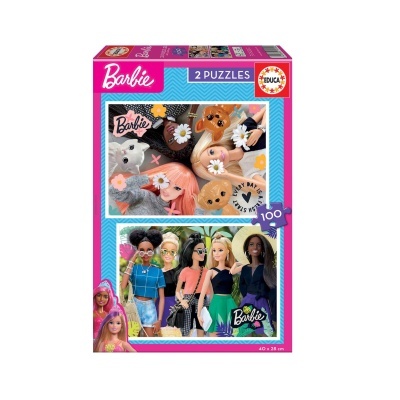 Caixa de puzzles Barbie com duas imagens coloridas de bonecas e animais.