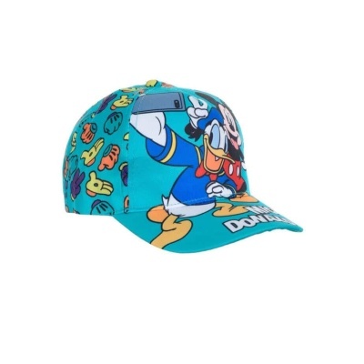 Boné infantil azul com estampa do Pato Donald tirando selfie e emojis coloridos