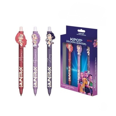 Conjunto de três canetas de gel apagáveis themed KPOP Demon Hunters com personagens e embalagem azul.