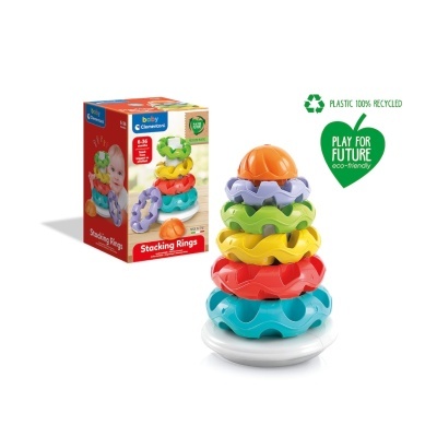 Brinquedo de anéis para empilhar coloridos com embalagem da baby Clementoni.