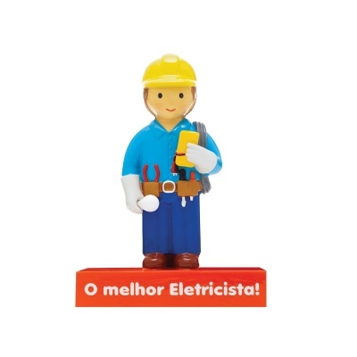 Boneco eletricista com base vermelha e texto em português