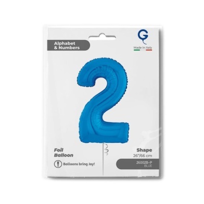 Balão foil azul número 2 em embalagem branca
