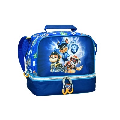 Mala térmica azul com personagens de desenho animado de cães e fechos de correr