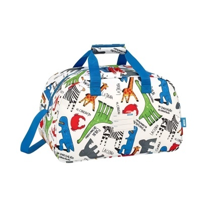 Saco desportivo branco com estampado colorido de dinossauros e alças azuis