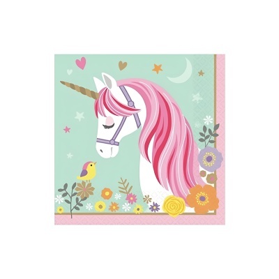 Guardanapo de papel com ilustração de unicórnio, pássaro e flores