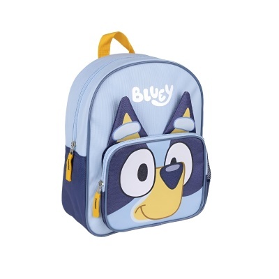 Mochila infantil azul com rosto da personagem Bluey e fechos amarelos