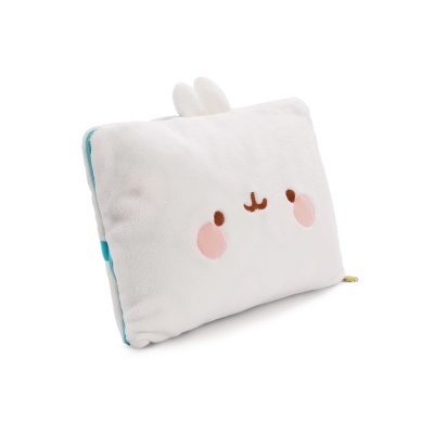 Almofada de pelúcia branca com desenho facial e orelhas pequenas