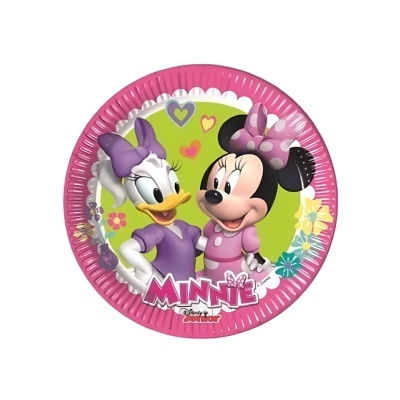 Prato descartável redondo com Minnie e Margarida em fundo rosa