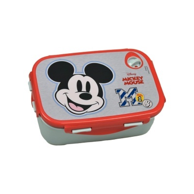 Caixa de almoço infantil com desenho do Mickey Mouse e fecho vermelho
