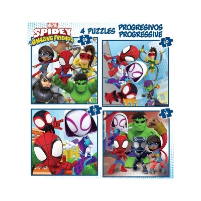 4 puzzles progressivos Marvel Spidey Amazing Friends com personagens coloridos e texto em destaque