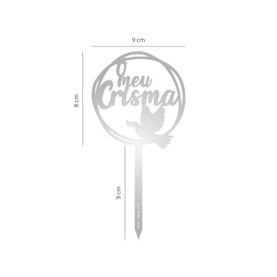 Suporte para bolo decorativo prateado com texto O meu Crisma e pomba