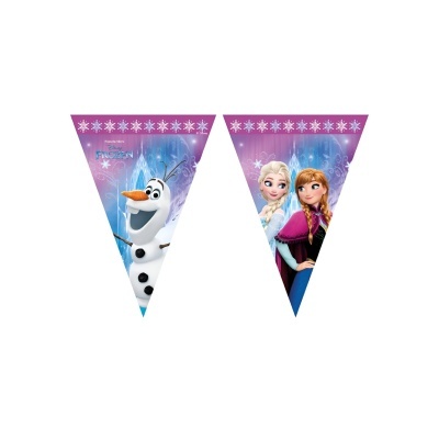 Bandeirolas triangulares roxas e azuis com personagens do filme Frozen