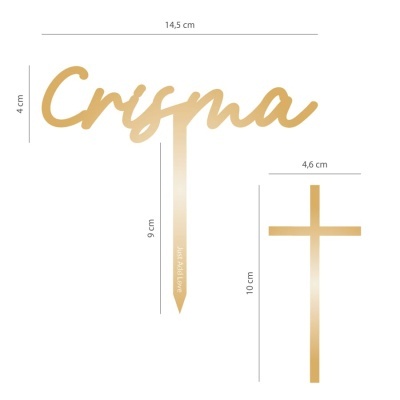 Decorações douradas com palavra Crisma e cruz em fundo branco