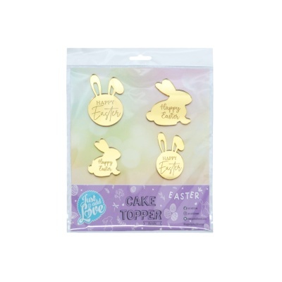 Conjunto de toppers para bolo de Páscoa em madeira com formas de coelhos e texto Happy Easter