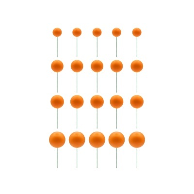 Bolas laranjas em hastes verdes dispostas em grade sobre fundo branco