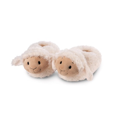 Chinelos pelúcia bebé formato ovelha branco e bege