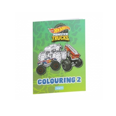 Livro de colorir Hot Wheels Monster Trucks com capa verde e azul e dois monster trucks na frente