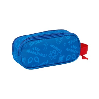 Estojo azul com fecho de correr e alça vermelha decorado com palavras e desenhos em tons de azul