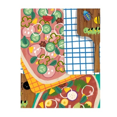 Ilustração colorida de duas pizzas com vegetais e queijo sobre fundo com padrões quadriculados.