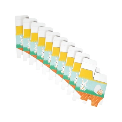 Dez embalagens de cartão para ovos de Páscoa com desenho de coelho e cores azul, verde e laranja