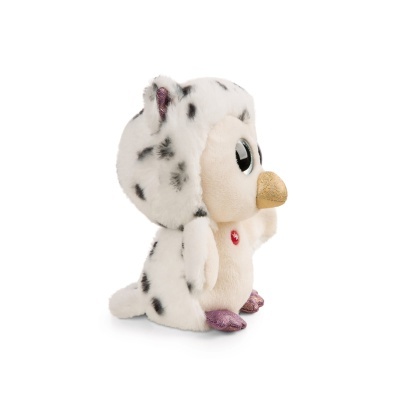 Pelúcia de coruja creme e branca com pintas pretas