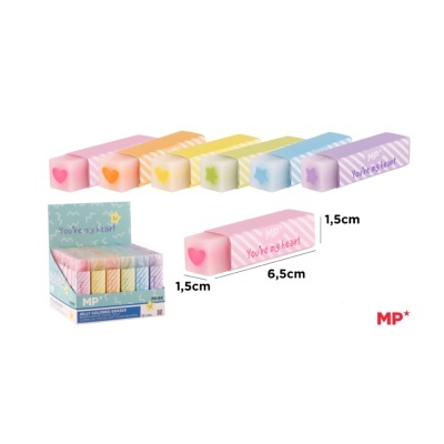 Conjunto de borrachas coloridas retangulares com corações e textos, em expositor de cartão.