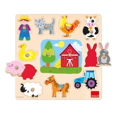 Quebra-cabeça de madeira com peças de animais de fazenda e agricultor