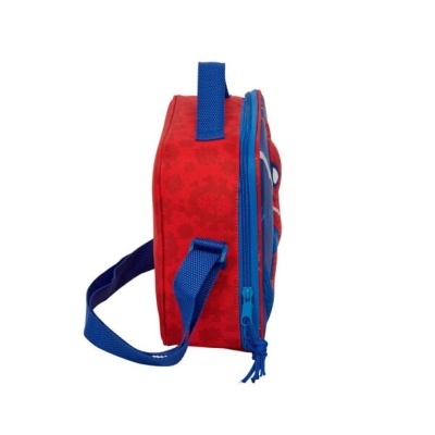 Mochila pequena vermelha com alça azul e fecho de correr azul