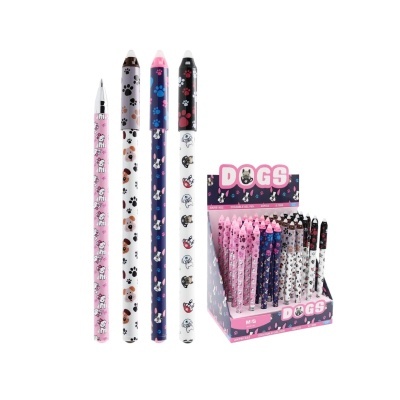 Conjunto de canetas decoradas com padrão de cães e patas num expositor com o texto 'DOGS'.
