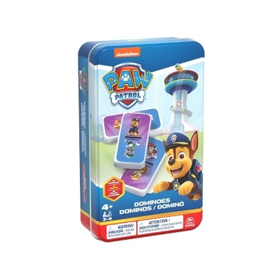 Caixa de dominó metálica Paw Patrol com personagens, texto de idade e avisos de segurança