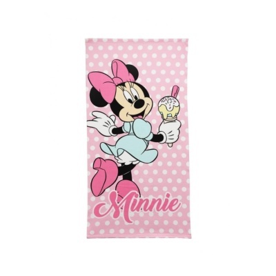 Toalha rosa com padrão de bolinhas brancas e estampa da Minnie Mouse