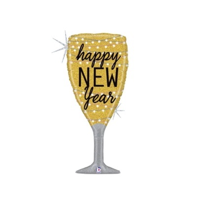 Balão em forma de taça de champanhe dourada com texto 
