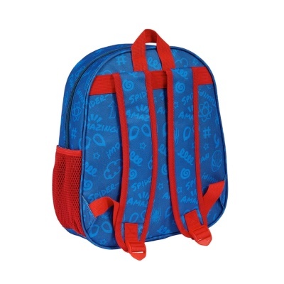 Mochila azul com alças e detalhes vermelhos e bolso lateral em rede